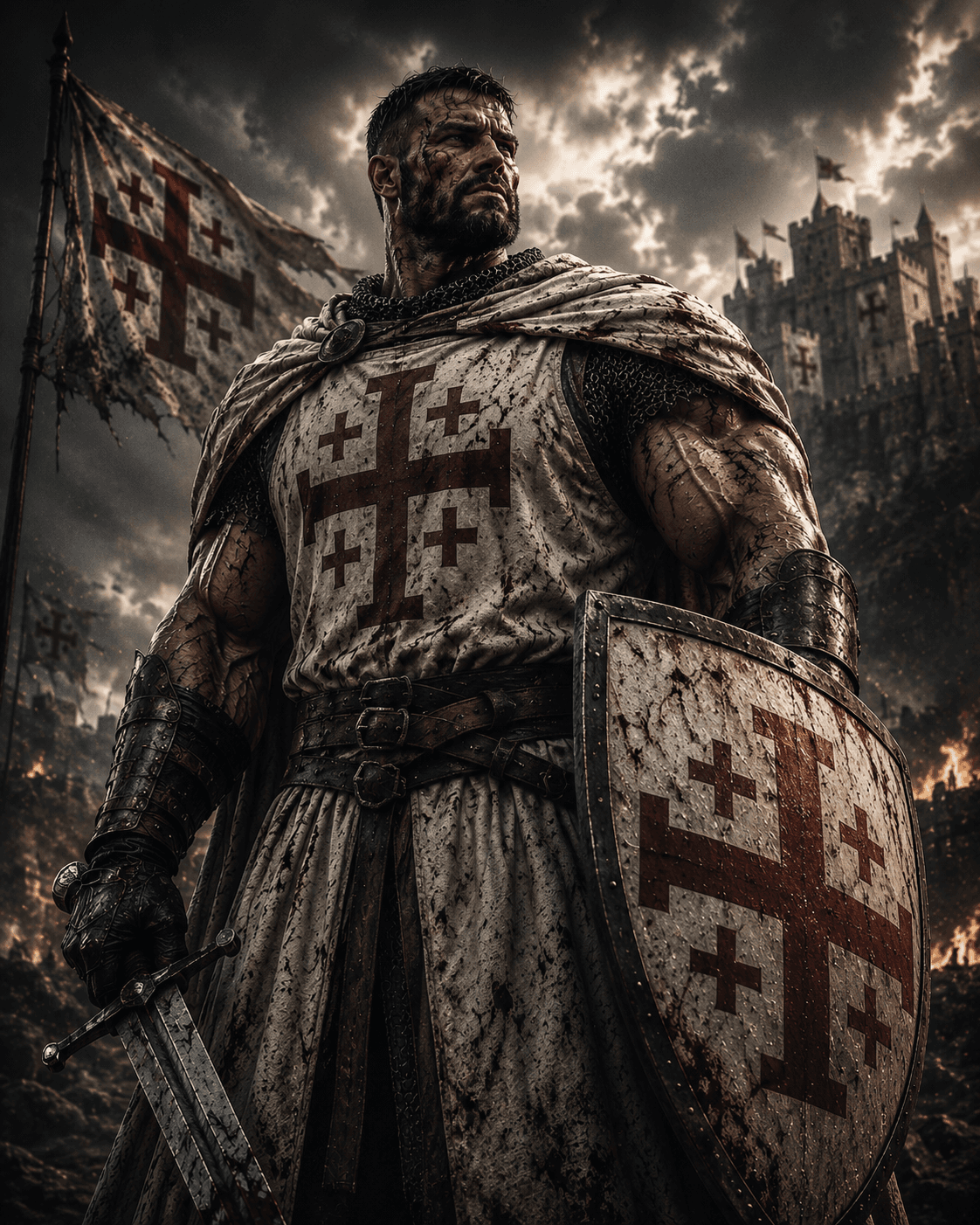 A battle-worn crusader knight standing watch at dusk
